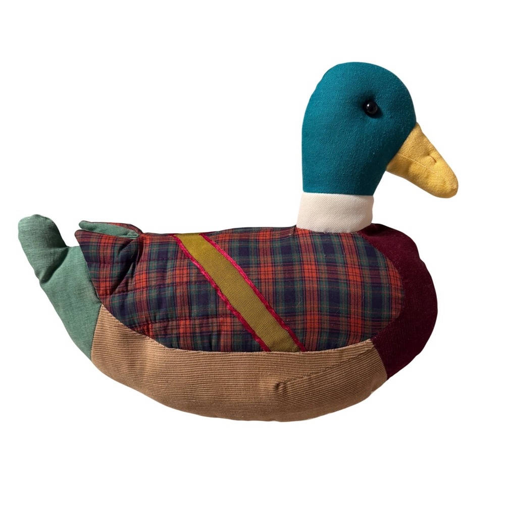Vintage‎ Patchwork Mallard Duck Plush Corduroy Plaid Rustic Country Decor Large
